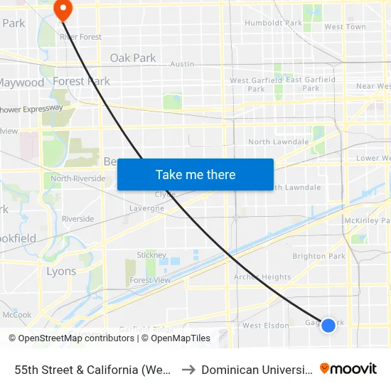 55th Street & California (West) to Dominican University map