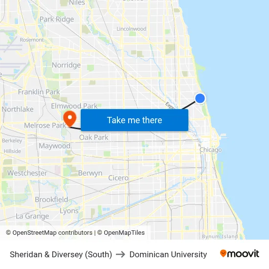 Sheridan & Diversey (South) to Dominican University map