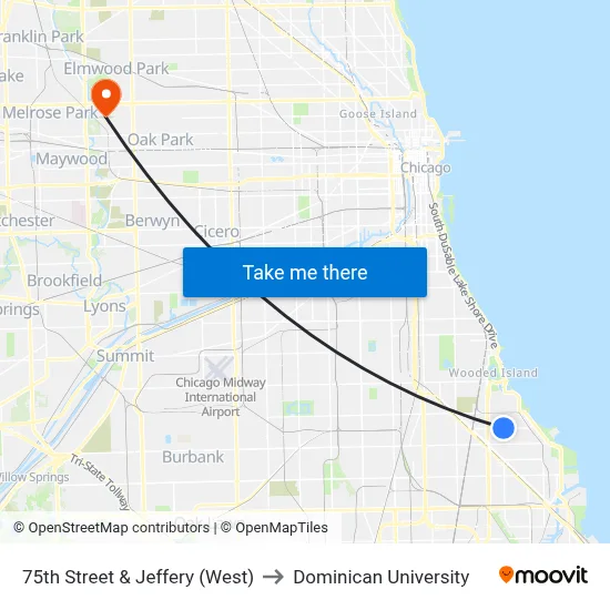 75th Street & Jeffery (West) to Dominican University map