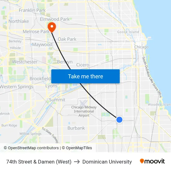 74th Street & Damen (West) to Dominican University map