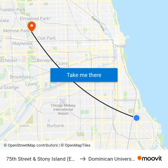 75th Street & Stony Island (East) to Dominican University map