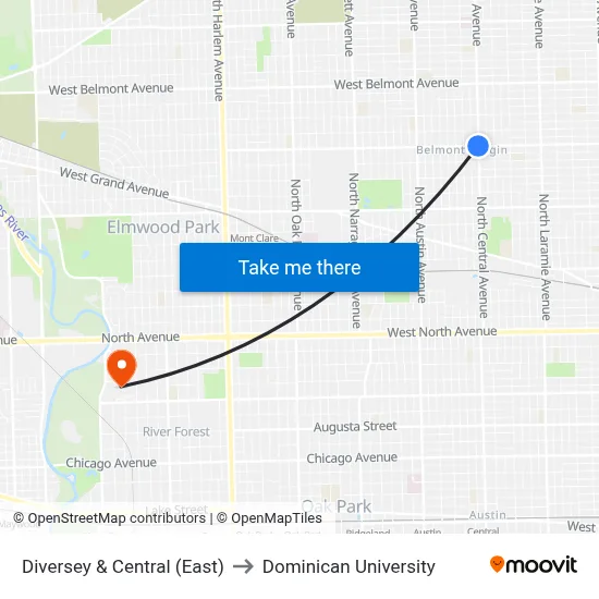Diversey & Central (East) to Dominican University map