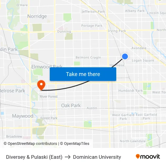 Diversey & Pulaski (East) to Dominican University map