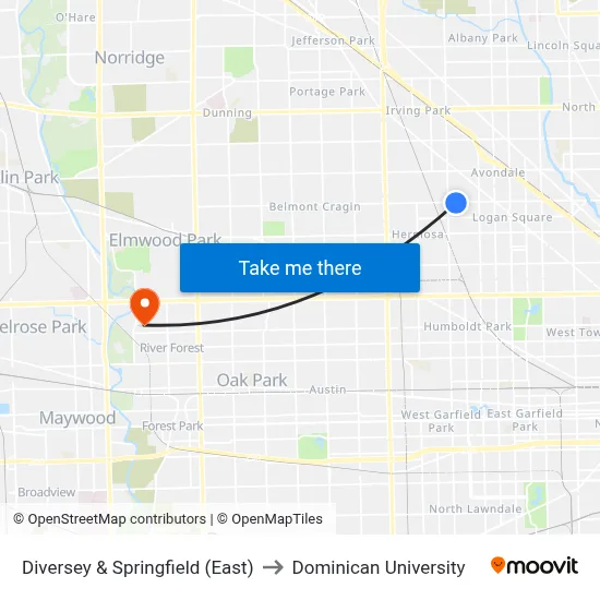 Diversey & Springfield (East) to Dominican University map