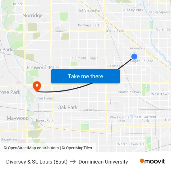 Diversey & St. Louis (East) to Dominican University map