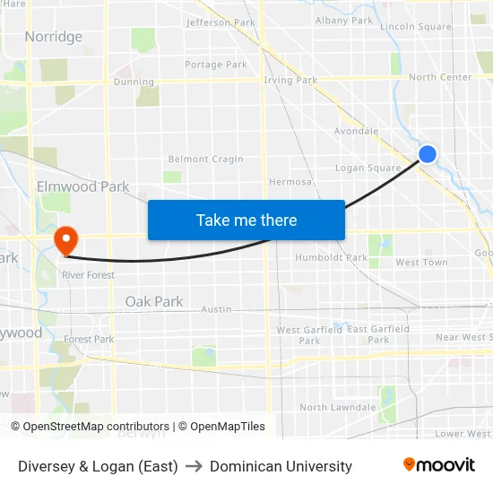 Diversey & Logan (East) to Dominican University map