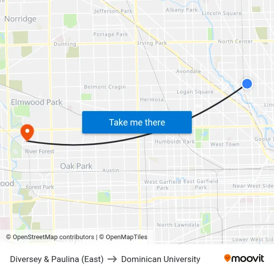 Diversey & Paulina (East) to Dominican University map
