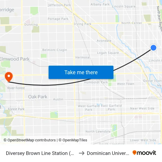 Diversey Brown Line Station (East) to Dominican University map