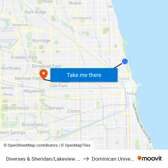 Diversey & Sheridan/Lakeview (East) to Dominican University map