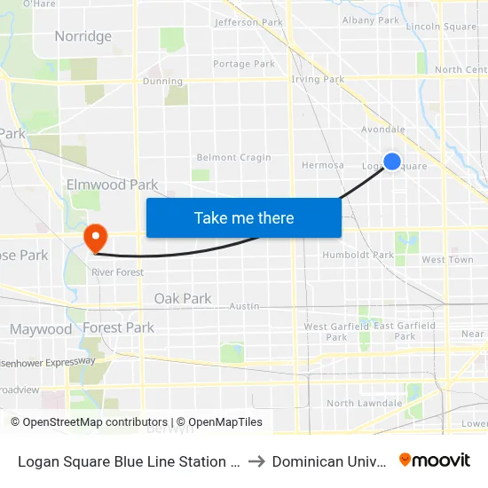 Logan Square Blue Line Station (South) to Dominican University map