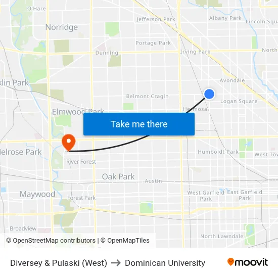 Diversey & Pulaski (West) to Dominican University map