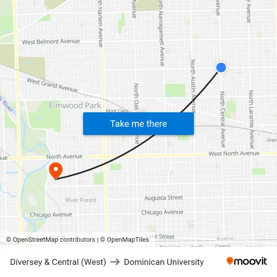 Diversey & Central (West) to Dominican University map