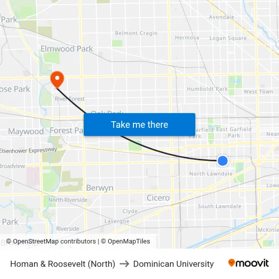 Homan & Roosevelt (North) to Dominican University map