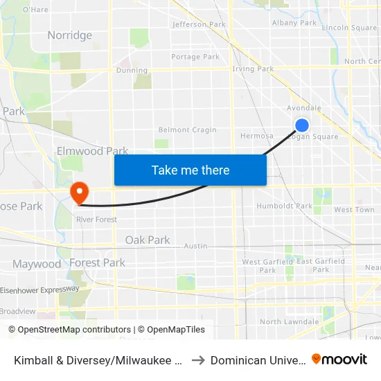 Kimball & Diversey/Milwaukee (North) to Dominican University map