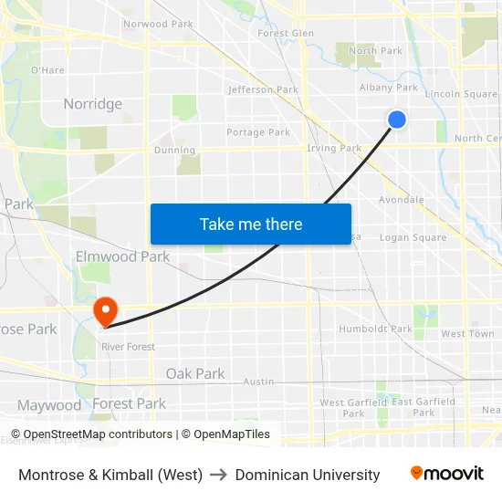 Montrose & Kimball (West) to Dominican University map