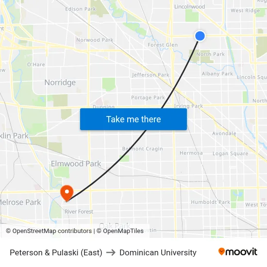 Peterson & Pulaski (East) to Dominican University map