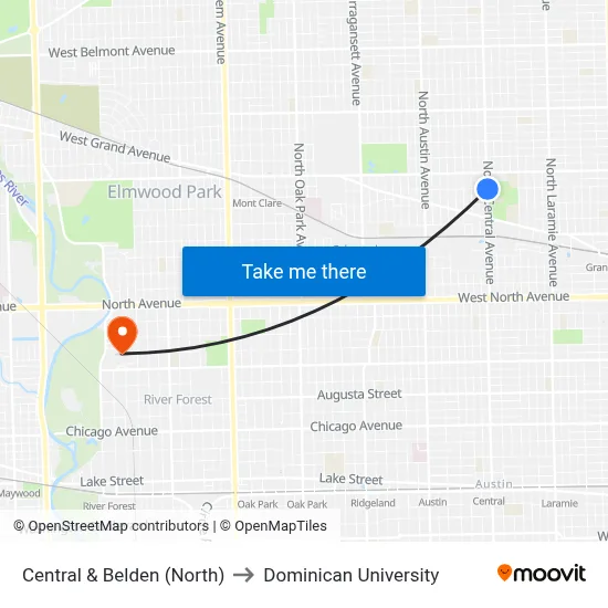 Central & Belden (North) to Dominican University map