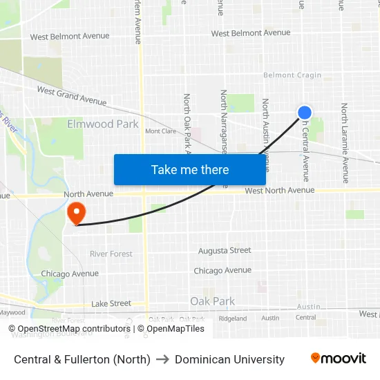 Central & Fullerton (North) to Dominican University map
