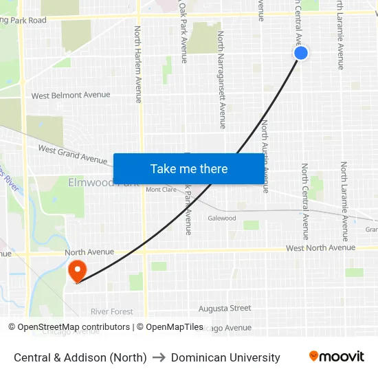 Central & Addison (North) to Dominican University map
