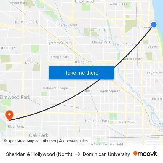 Sheridan & Hollywood (North) to Dominican University map