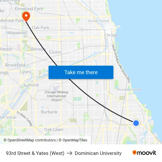 93rd Street & Yates (West) to Dominican University map