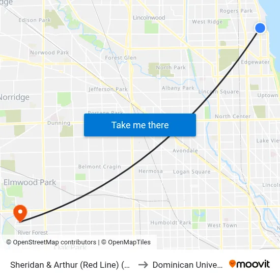 Sheridan & Arthur (Red Line) (North) to Dominican University map
