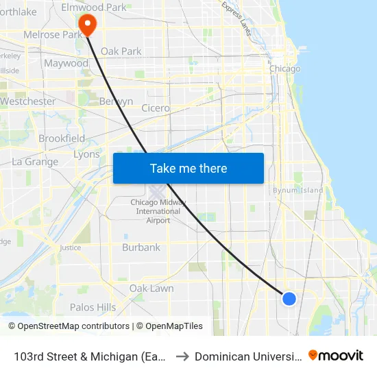 103rd Street & Michigan (East) to Dominican University map