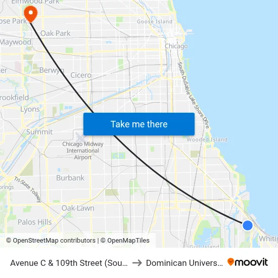 Avenue C & 109th Street (South) to Dominican University map