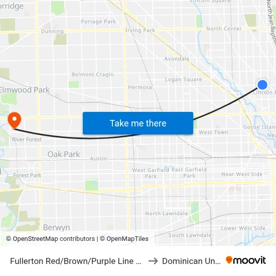 Fullerton Red/Brown/Purple Line Station (West) to Dominican University map