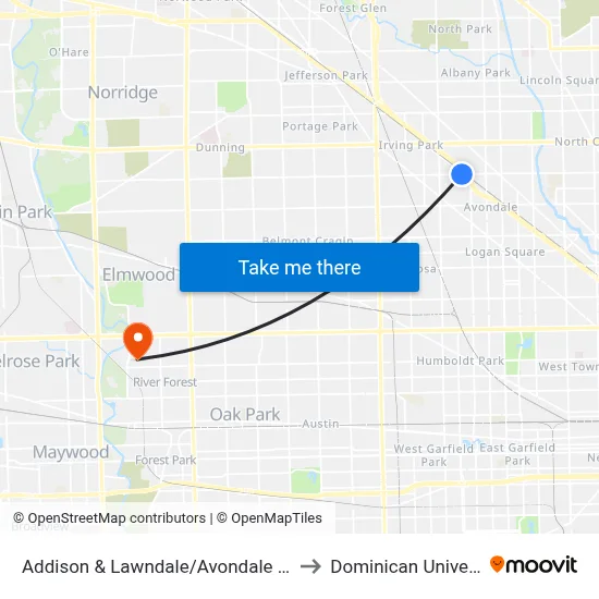 Addison & Lawndale/Avondale (West) to Dominican University map
