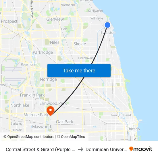 Central Street & Girard (Purple Line) to Dominican University map