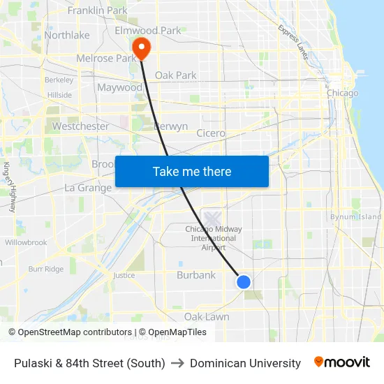 Pulaski & 84th Street (South) to Dominican University map