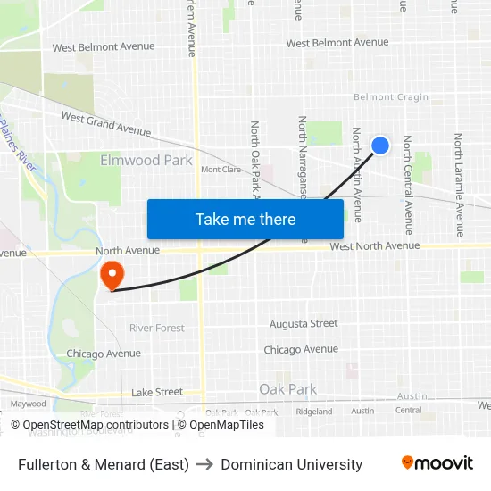 Fullerton & Menard (East) to Dominican University map