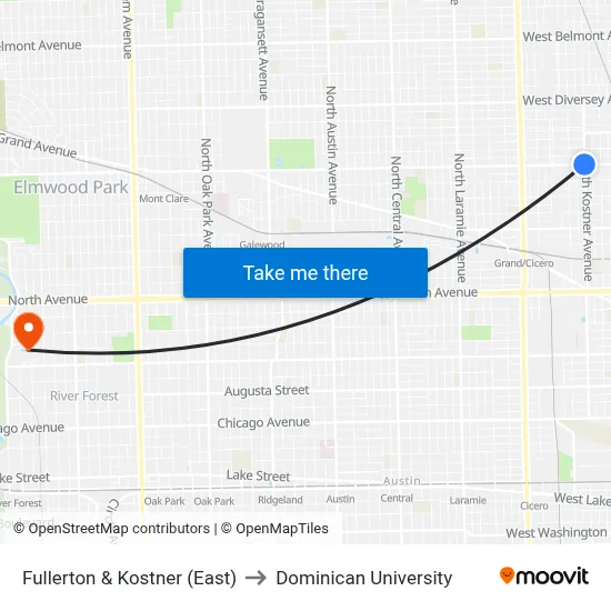 Fullerton & Kostner (East) to Dominican University map