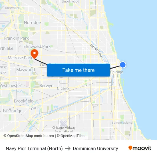 Navy Pier Terminal (North) to Dominican University map