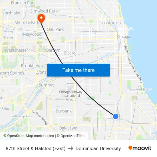 87th Street & Halsted (East) to Dominican University map