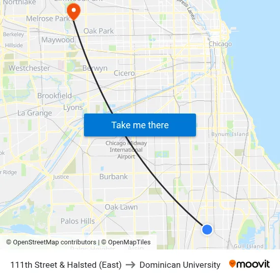 111th Street & Halsted (East) to Dominican University map