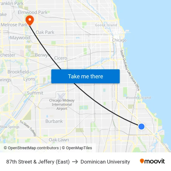 87th Street & Jeffery (East) to Dominican University map