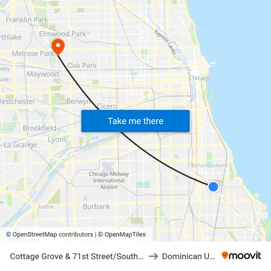Cottage Grove & 71st Street/South Chicago (North) to Dominican University map