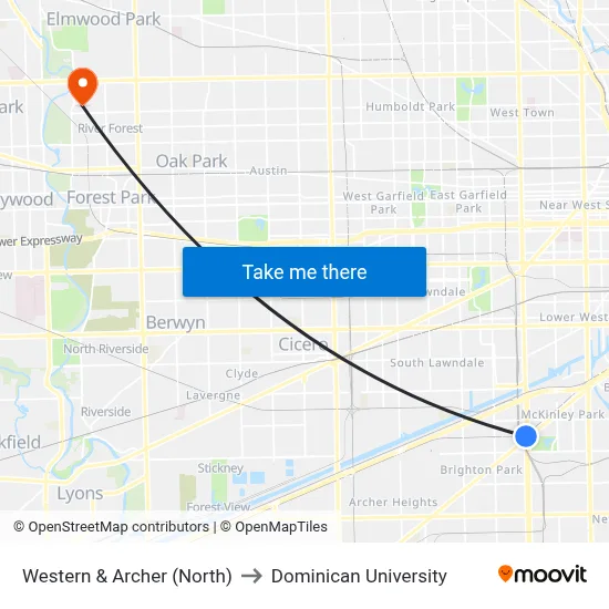 Western & Archer (North) to Dominican University map