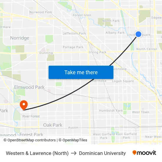 Western & Lawrence (North) to Dominican University map