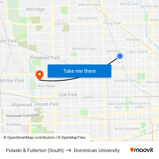 Pulaski & Fullerton (South) to Dominican University map