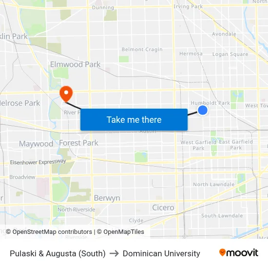 Pulaski & Augusta (South) to Dominican University map