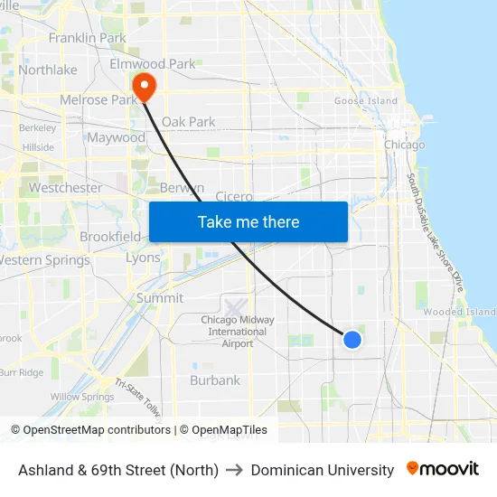 Ashland & 69th Street (North) to Dominican University map