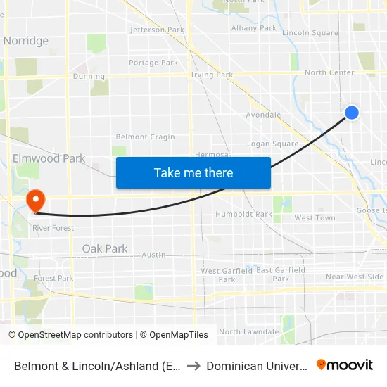 Belmont & Lincoln/Ashland (East) to Dominican University map