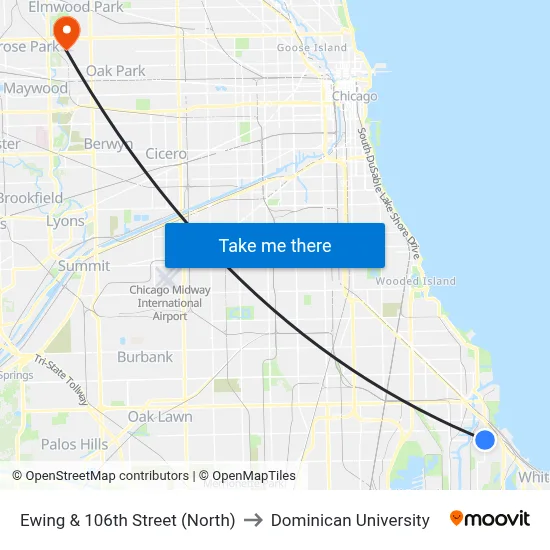 Ewing & 106th Street (North) to Dominican University map