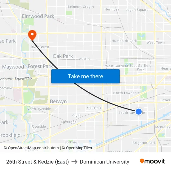 26th Street & Kedzie (East) to Dominican University map