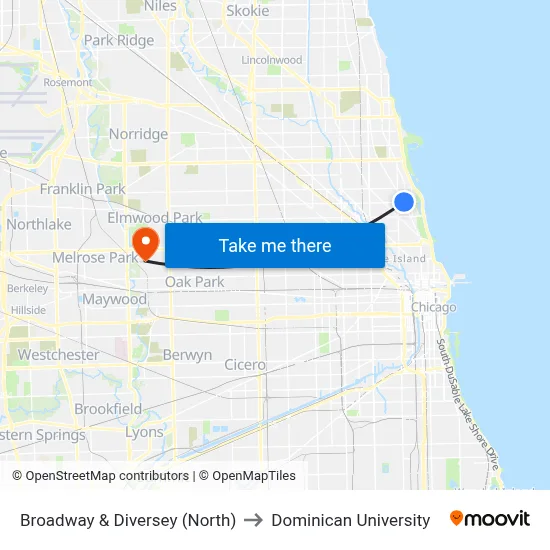 Broadway & Diversey (North) to Dominican University map