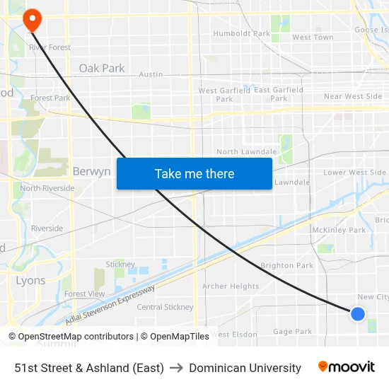 51st Street & Ashland (East) to Dominican University map