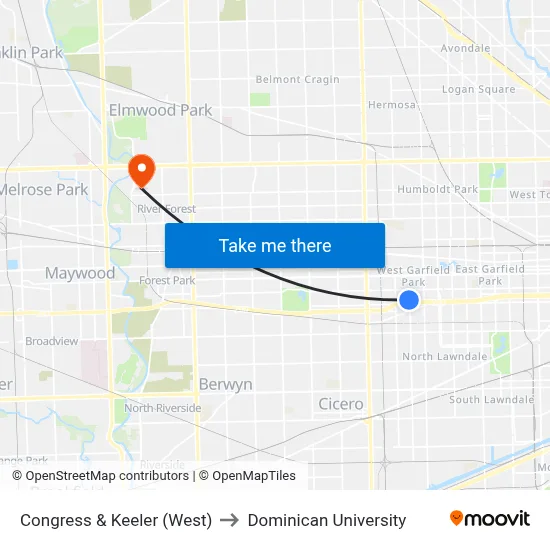 Congress & Keeler (West) to Dominican University map